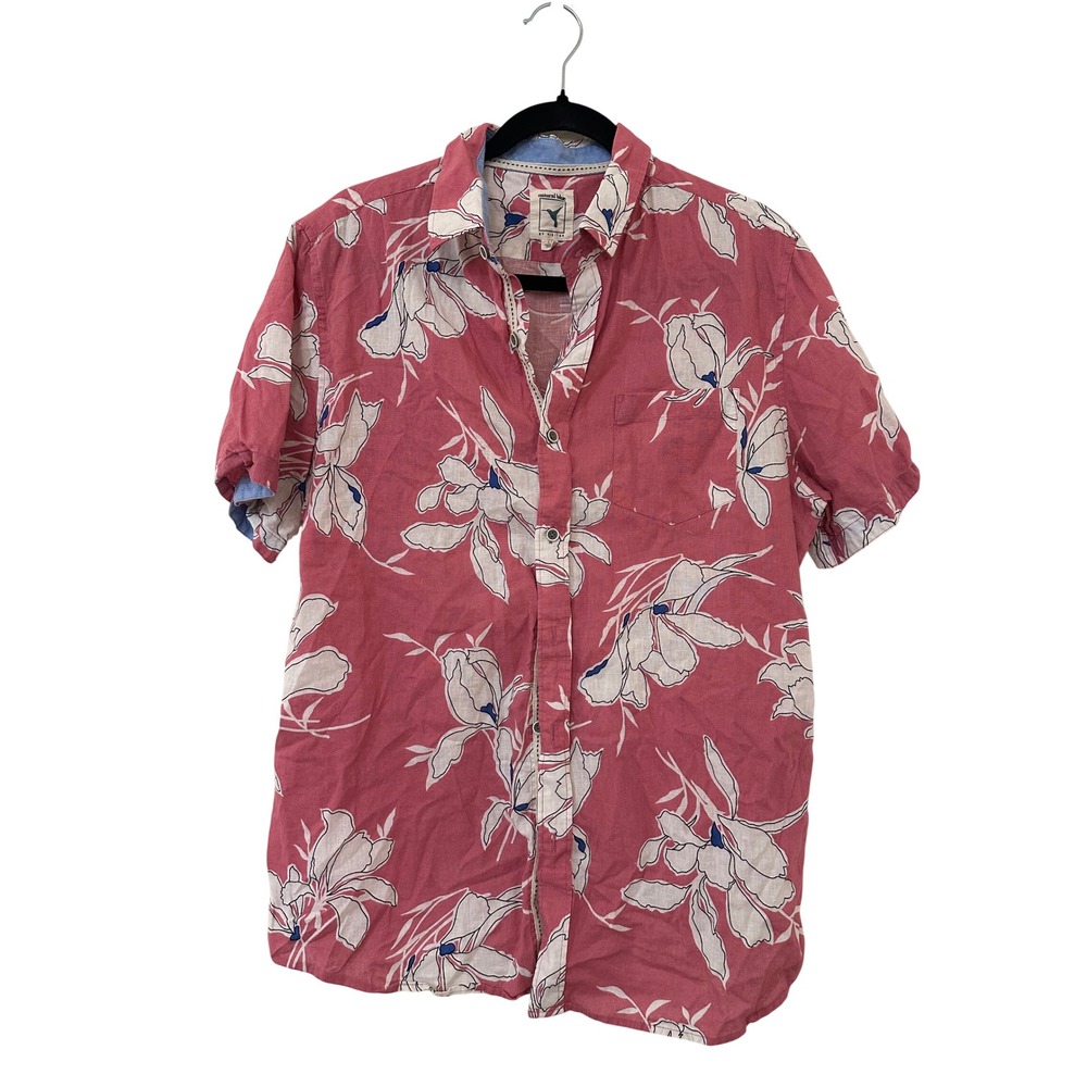 Natural Blue by Visitor Pink Floral Linen Cotton Short Sleeve Button Down Top L